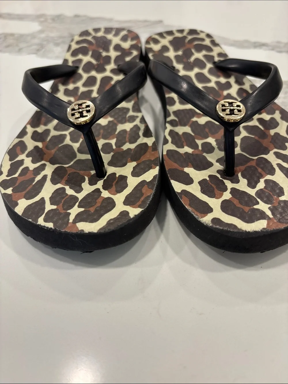Tory Burch Leopard Print Flip Flop Sandals with Black Straps